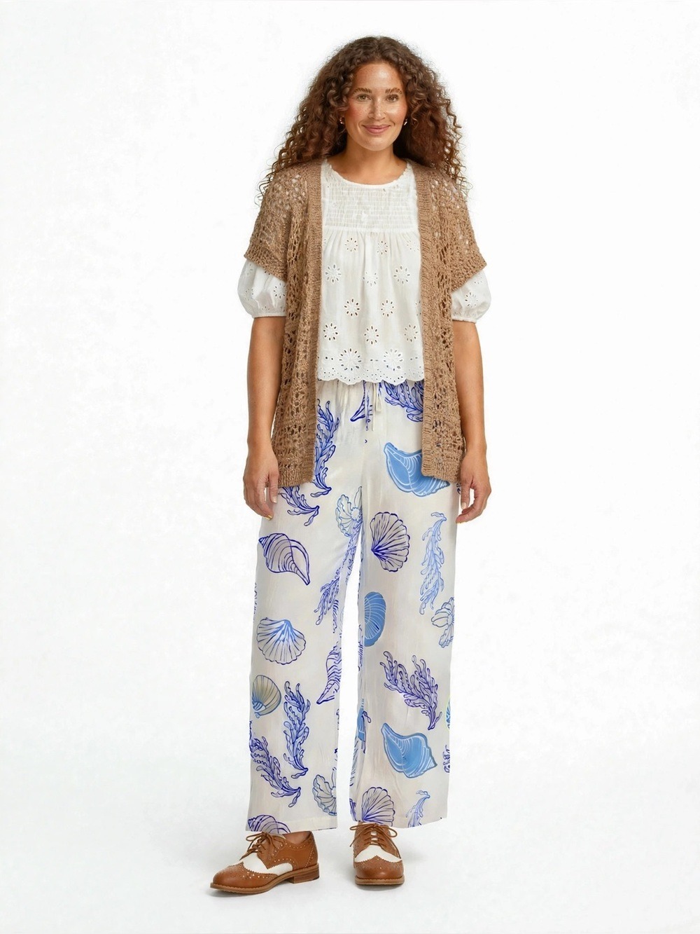 Illa Illa Seashell & Sea Plant Cream/Blue Wide Leg Pull-On Pants - Size L